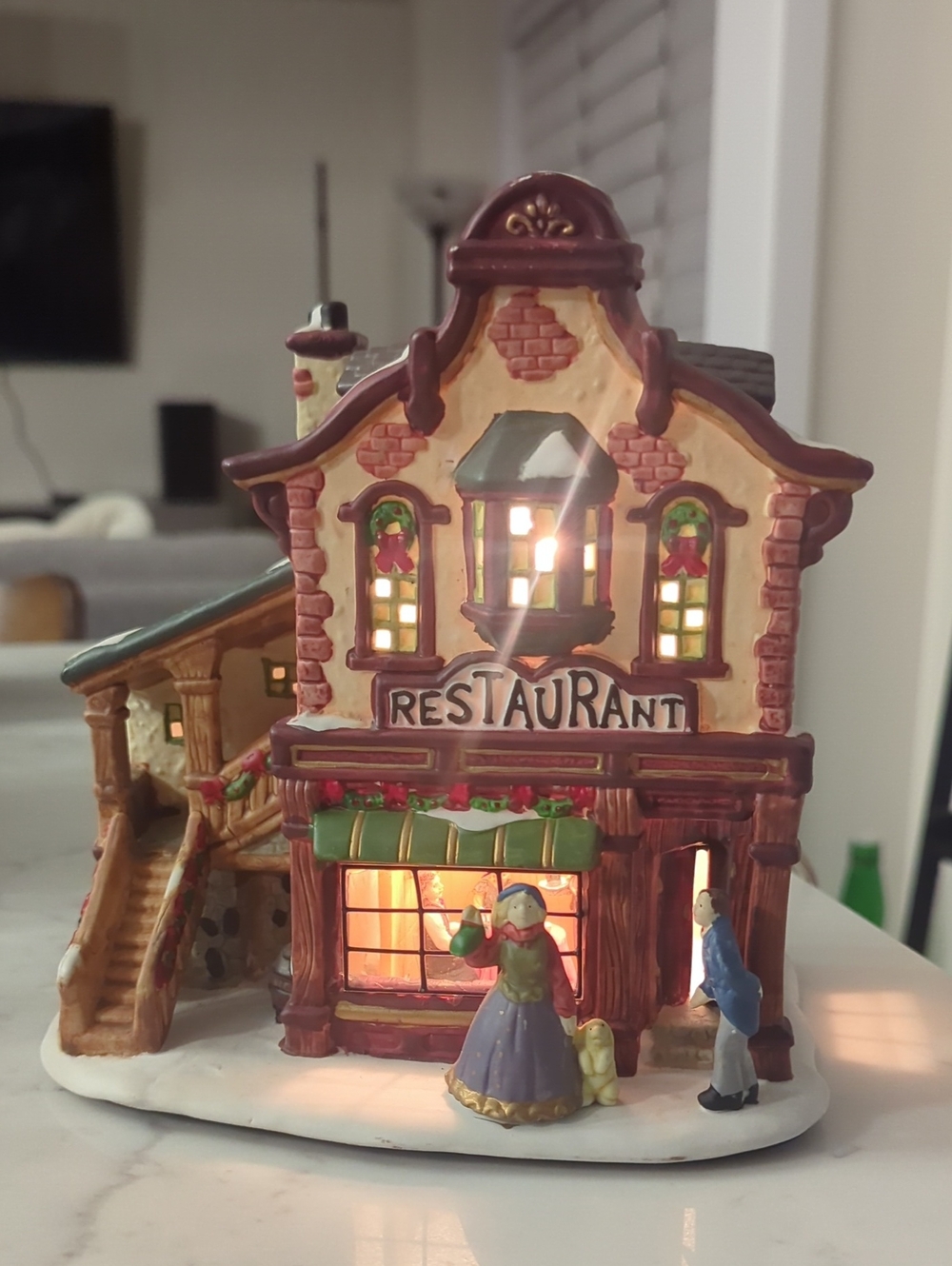 Christmas Street Victorian Restaurant House Building with Interior Window Scene